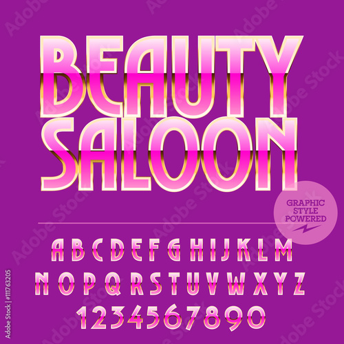 Glamour set of pink and gold alphabet letters, numbers and punctuation symbols. Vector logo with text Beauty saloon