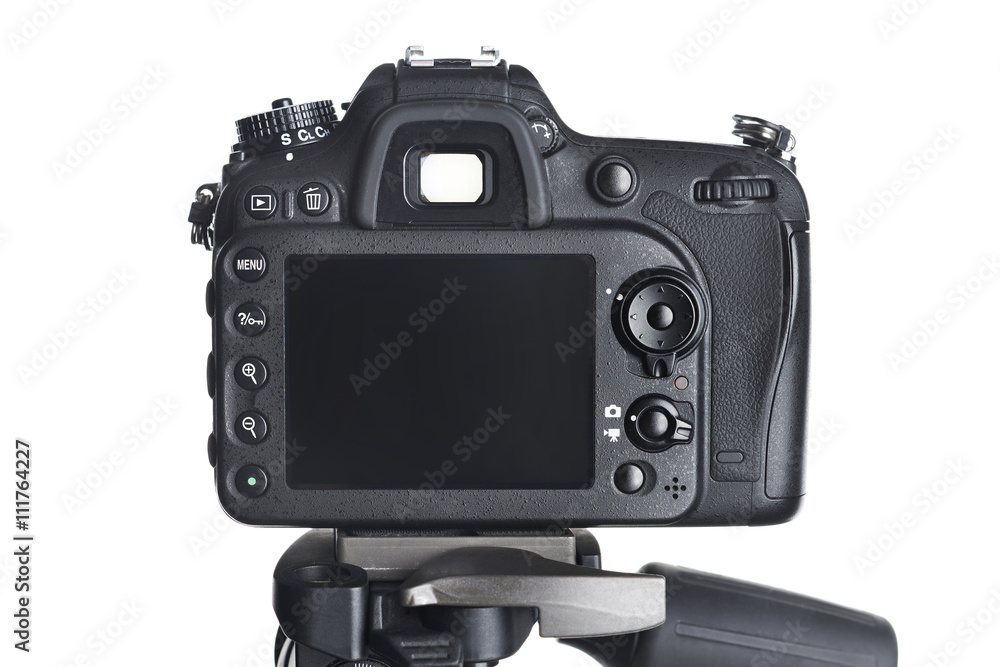 Back view SLR camera on tripod isolated white