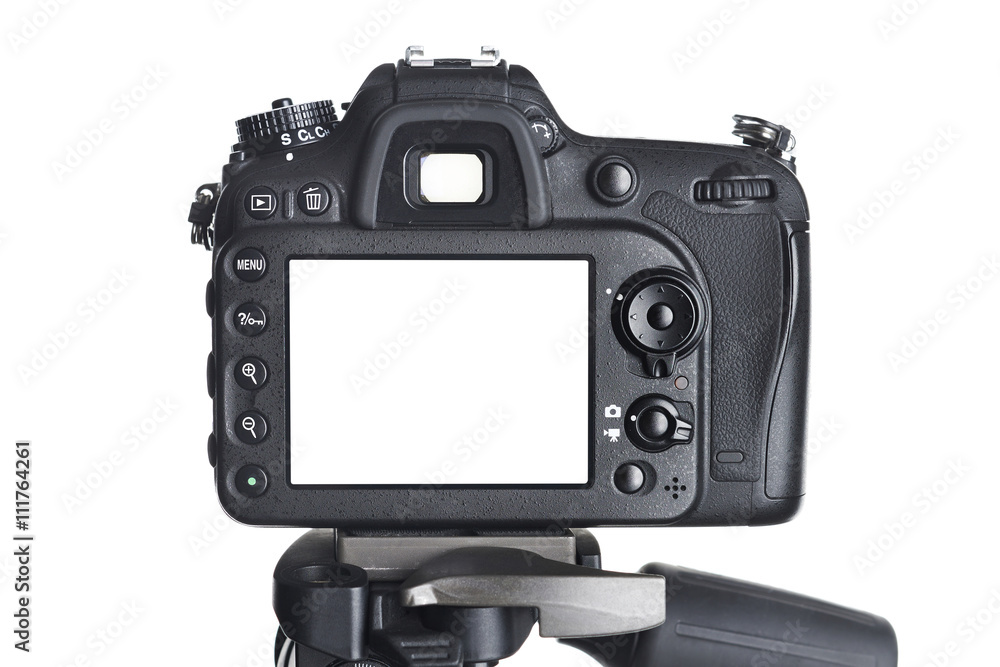 Back view SLR camera on tripod isolated white Back view SLR camera on tripod isolated white