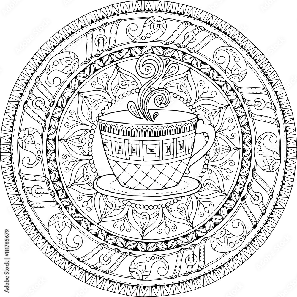 Tea and coffee theme. Circle tribal doodle ornament with cup of coffee