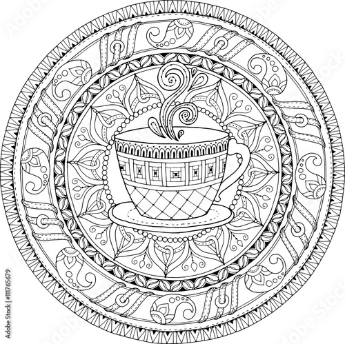 Tea and coffee theme. Circle tribal doodle ornament with cup of coffee. Hand drawn art mandala. Black and white ethnic background. Zentangle pattern for coloring book for adults and kids.