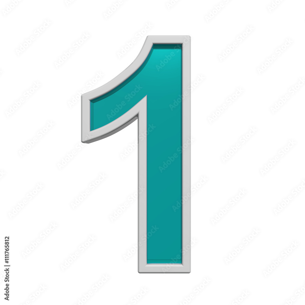 One digit from turquoise glass with white frame alphabet set. 3D illustration. One digit from turquoise glass with white frame alphabet set. 3D illustration.