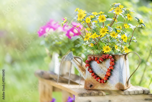 Blumen mit Herz aus roten Beeren im Garten