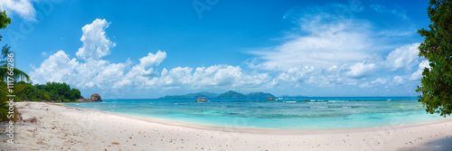 panoramic view of tropical anse severe beach on la digue island in seychelles