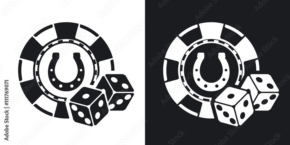 Casino chips with two dices, stock vector. Two-tone version on b