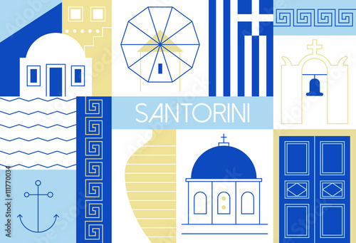 Santorini island flat and linear illustration.