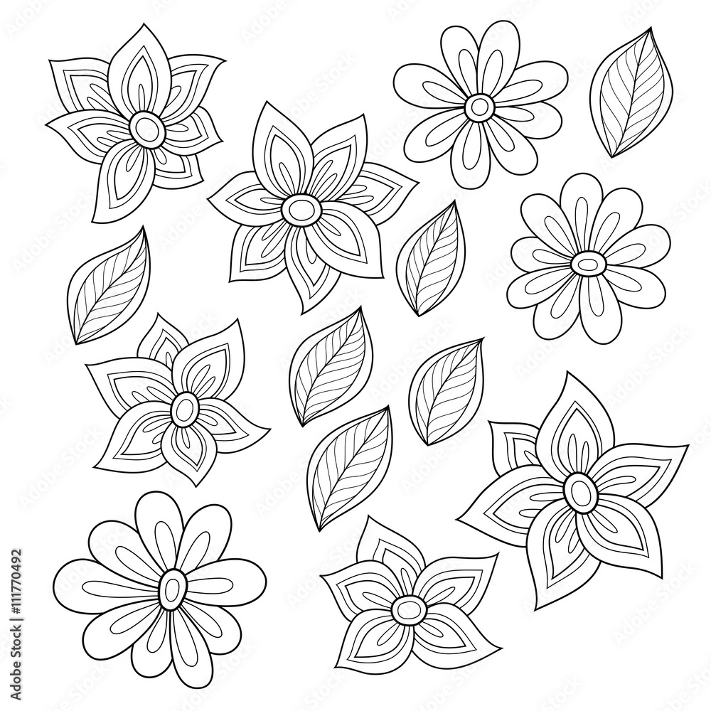 Vector Set of Monochrome Contour Flowers and Leaves Vector Set of Monochrome Contour Flowers and Leaves
