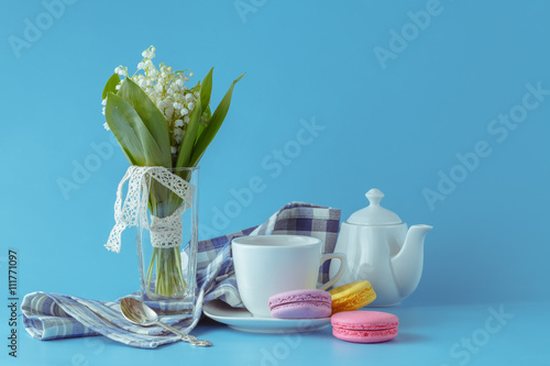 morning tea with Lily of the valley flowers bouquet