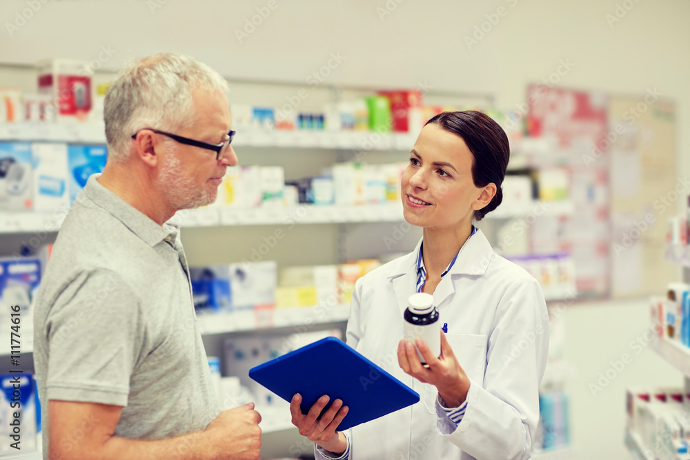 pharmacist with tablet pc and senior man