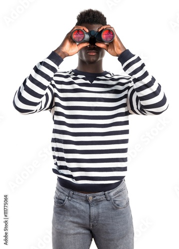 Handsome black man with binoculars