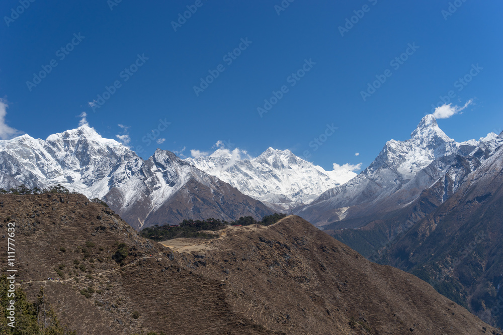 Everest, Taboche an Ama Dablam mountain peak view from Namche Ba