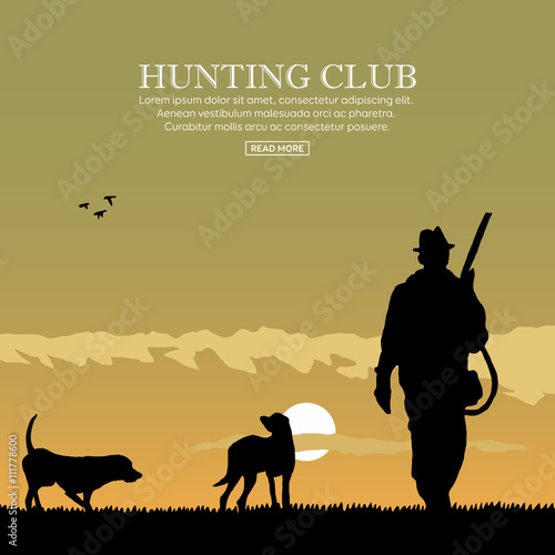 Hunter silhouette with dogs. Outdoor hunting sport. Vector illustration.