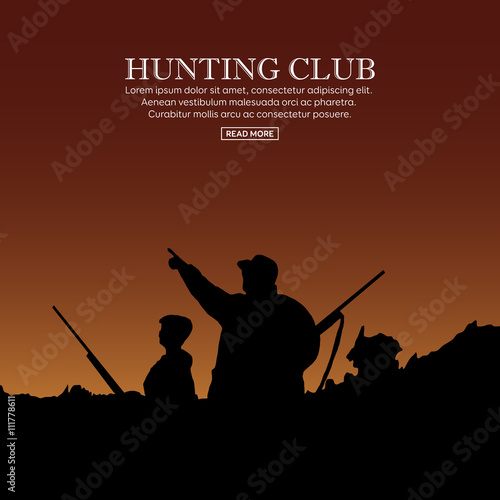 Hunter silhouette with child. Outdoor hunting sport. Vector illustration.