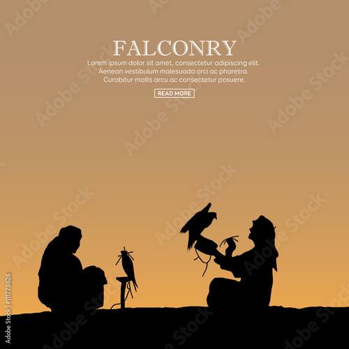 Falcon hunting. Birds of prey sitting on hand. Trained hunting bird. Outdoor hunting sport. Vector illustration.