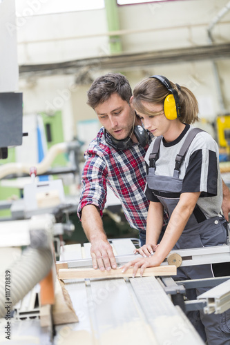 Bild auf Leinwand young apprentice with professional carpenter