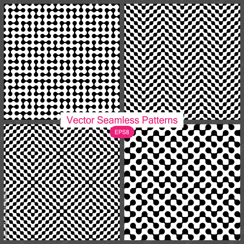 Set of Four Vector Seamless Monochrome Patterns. Modern Stylish Texture Without Gradient. Simple to Edit.