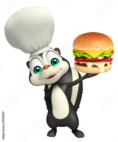 fun Skunk cartoon character with burger  and chef hat © visible3dscience