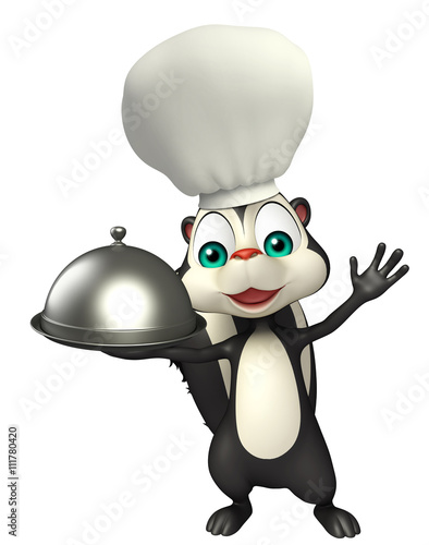 Skunk cartoon character with chef hat and cloche © visible3dscience