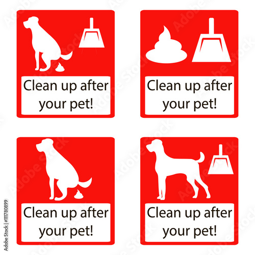 Clean up after your pet. Set icon. Ecological cleanliness of the environment, taking care of pets. dog pooping sign white silhouette on red background
