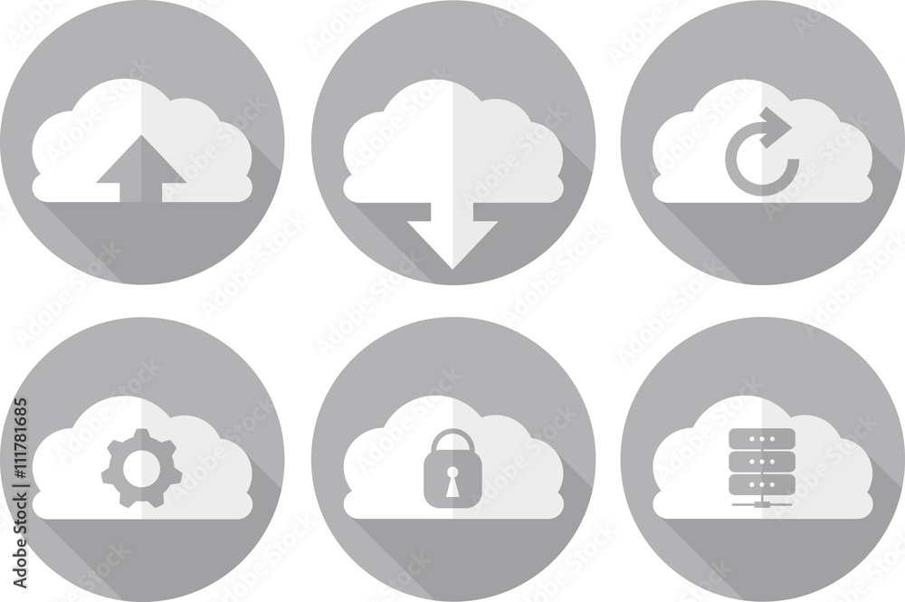 Gray flat icons set. Cloud data technology Gray flat icons set. Cloud data technology