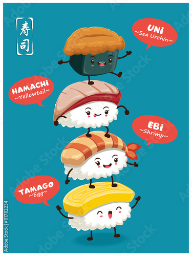 Vintage Sushi poster design with vector sushi character. Chinese word means sushi.