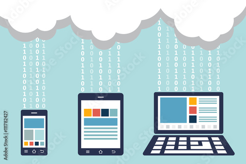 smartphone , tablet and laptop were connected to cloud server ( transfer data )( binary number system ( 1 - 0 ))( technology and modern device concept )( flat design )