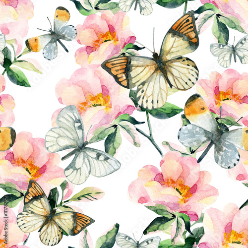 Watercolor briar flowers and butterfly seamless pattern. Dog Rose branches in vintage style