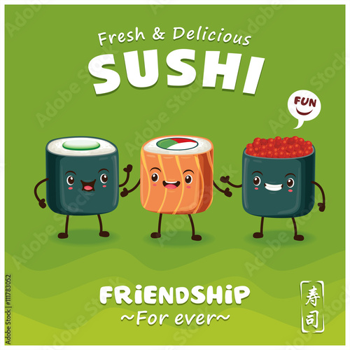 Vintage Sushi poster design with vector sushi character. Chinese word means sushi.