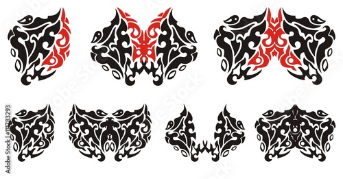 Decorative heart and butterflies from it. Set of the graphic stylized symbols in the form of hearts and butterflies. Black and red on white