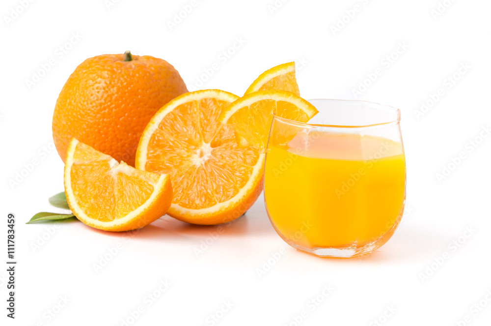 Glass of freshly pressed orange juice with sliced orange Glass of freshly pressed orange juice with sliced orange