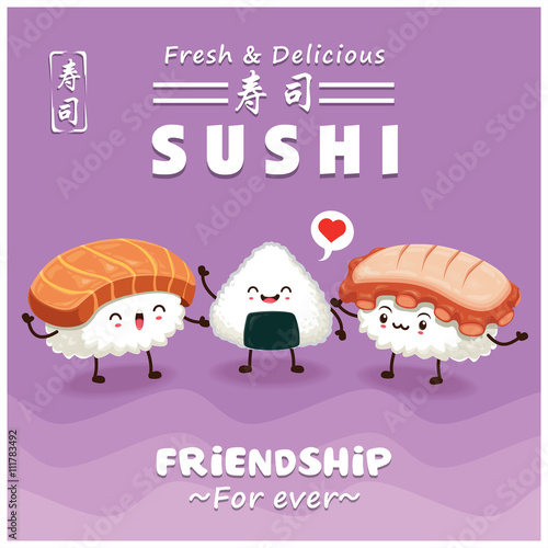 Vintage Sushi poster design with vector sushi character. Chinese word means sushi.