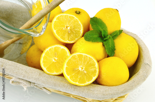 Mint,Lemon and honey is a healthy drink . colorful of lemons.