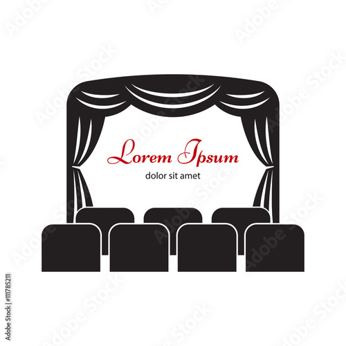 Theater or cinema logo, label or badge template. Theater or cinema icon. Theater stage with curtain and seats vector illustration.