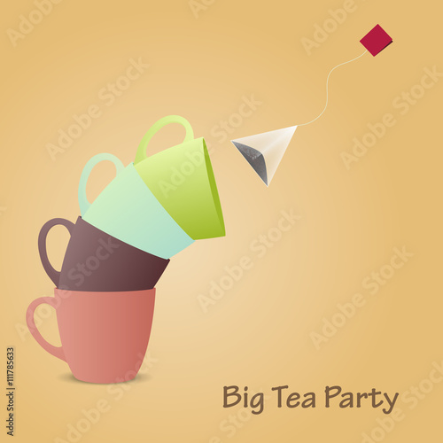 Tea cups pyramid. Big tea party. Vector illustration.