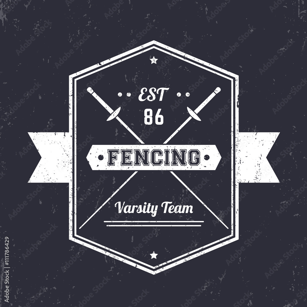 Fencing vintage emblem, logo with crossed fencing foils, vector illustration