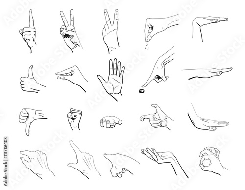 Hand collection - vector outline illustration. Set of 20 gestures. Black lines hand on white background.