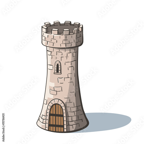 Castle tower. Medieval ancient fortress with a wood gate isolated on white background. Tower in cartoon style.