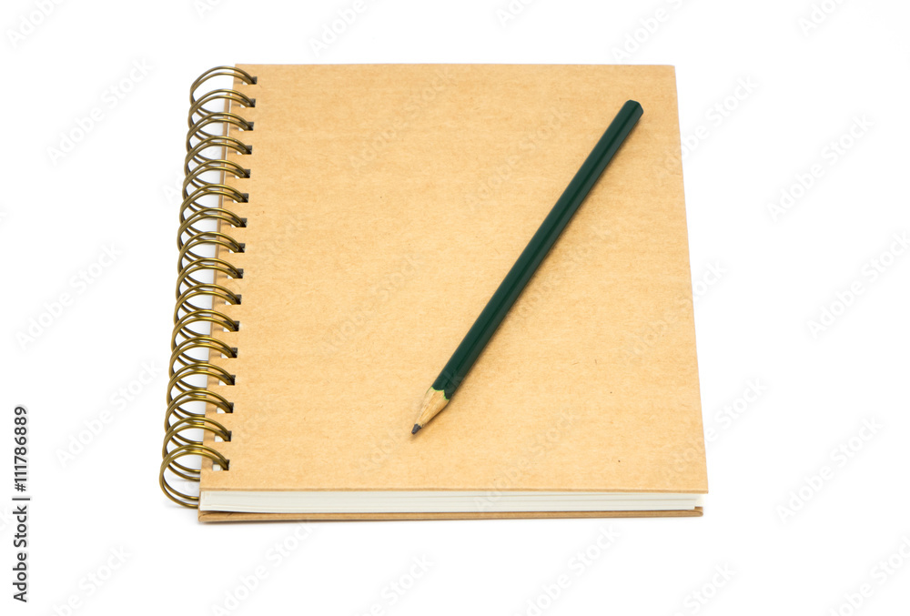 Recycle brown paper notebook and pencil on white background Recycle brown paper notebook and pencil on white background