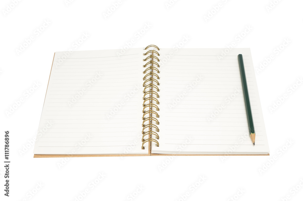 Open notebook and pencil on white background Open notebook and pencil on white background