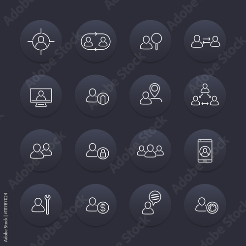Personnel line icons, HR, Human resources, staff management, linear pictograms on round dark shapes, vector illustration