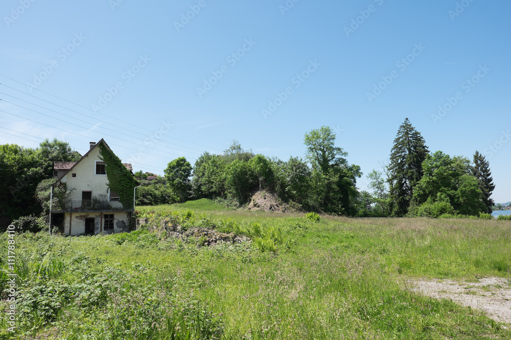 Altes Baufälliges Haus mit Wiese und Baum Altes Baufälliges Haus mit Wiese und Baum