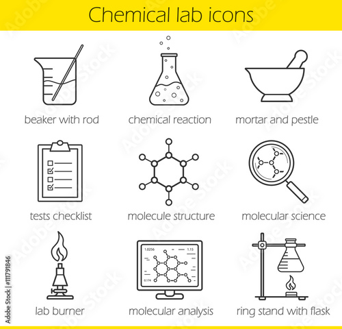 Chemical laboratory equipment linear icons set