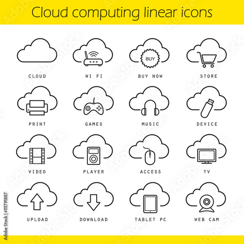 Cloud computing linear icons set