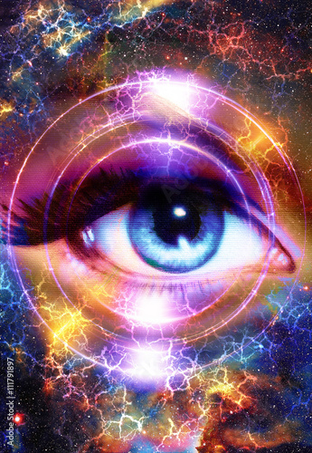 Woman Eye and cosmic space with stars and circle light.  Flah in space, abstract color background, eye contact. © jozefklopacka