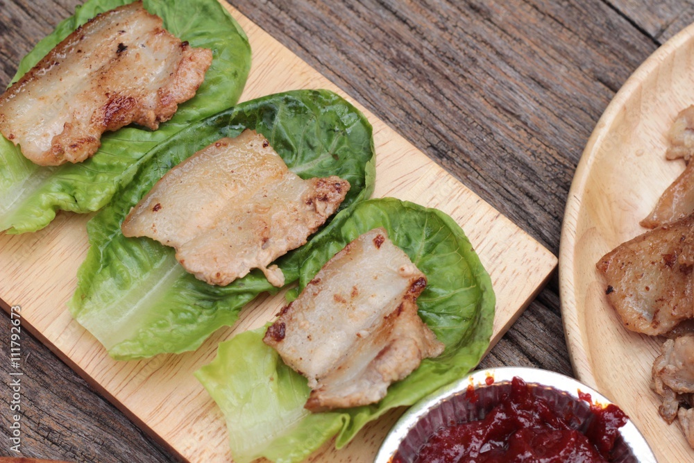 grilled pork belly korean food is delicious. grilled pork belly korean food is delicious.