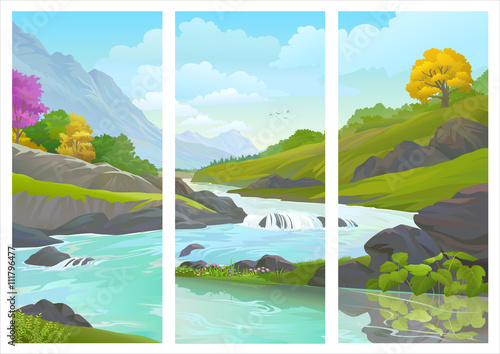 A panoramic assembly of a images of a beautiful flowing river 