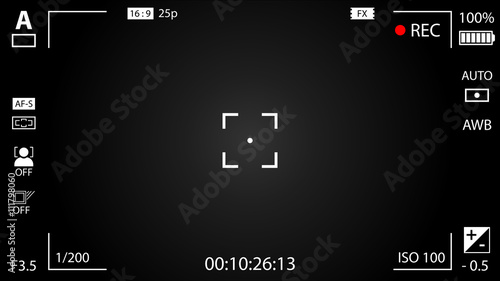 Modern digital video camera focusing screen with settings. Black gradient viewfinder camera recording. Vector illustration