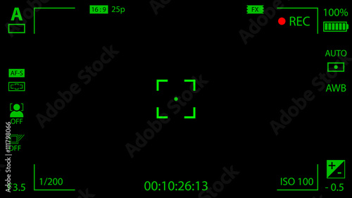 Modern digital video camera focusing screen with settings. Black and green viewfinder camera recording. Vector illustration