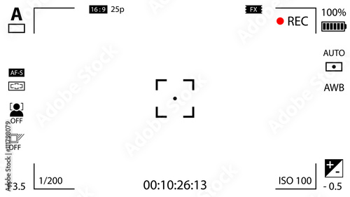 Modern digital video camera focusing screen with settings. White viewfinder camera recording. Vector illustration