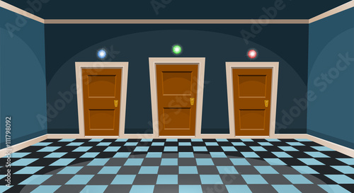 Cartoon "choose a door" concept. Empty room with three door in blue style. Vector illustration